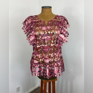 Soft Surroundings Eyelet Sheer Ruffle Cap Sleeve Top Small Scalloped Peplum Pink